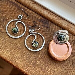 Handmade Silver Metal and Black Swirl Earrings and Ring Set